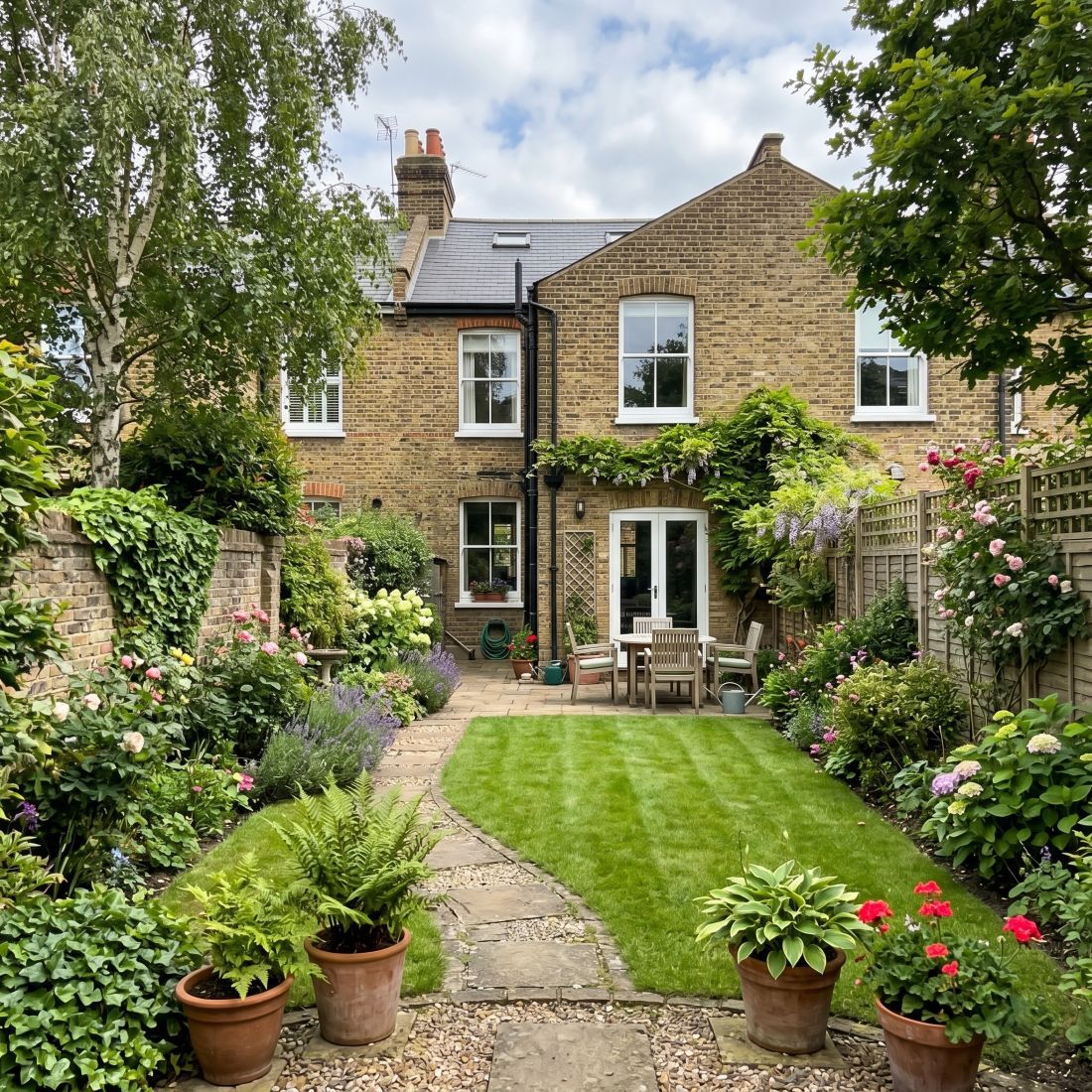 rear garden of a well-maintained Victorian townhouse in Mill Hill, North London